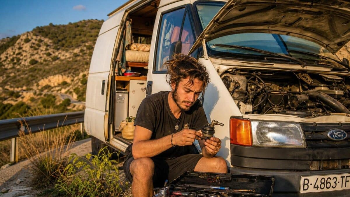 David vit dans un camion aménagé : « Le pire, c’est quand les problèmes mécaniques arrivent, changer cette valve coûte environ 170 euros » en Espagne
